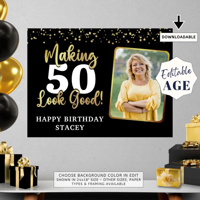 Birthday Photo Making AGE Look Good Black Gold Poster (Creator Uploaded)