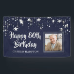 Birthday Photo Navy Blue Silver Stars Name Banner<br><div class="desc">Celebrate any age birthday with this personalized navy blue and silver themed photo banner with silver stars and your custom text (the sample says HAPPY 80TH BIRTHDAY Name) in a modern, brush script font. CHANGES: Change the background color, choose a styled graphics background or change the text font style, color,...</div>