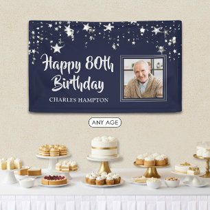 Birthday Photo Navy Blue Silver Stars Name Banner