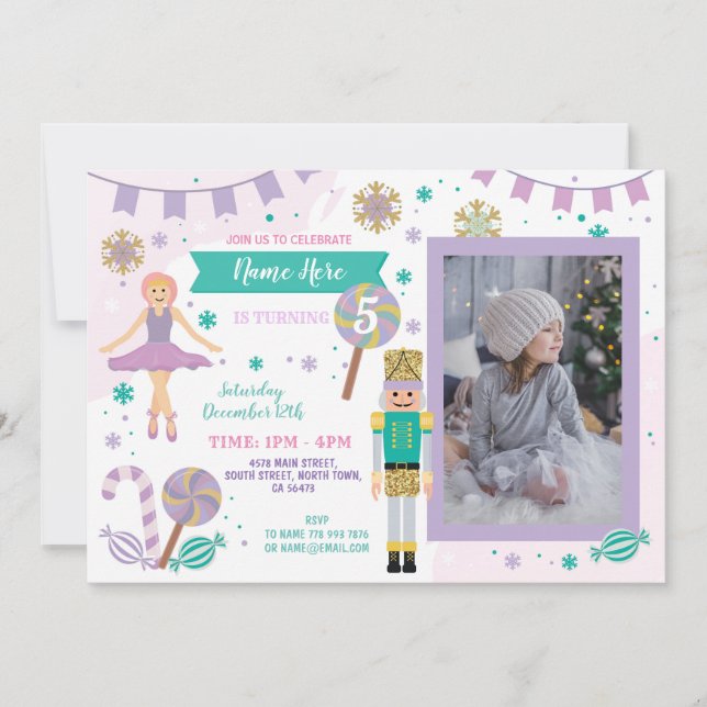 Birthday Photo Nutcracker Pink Christmas Ballet Invitation (Front)