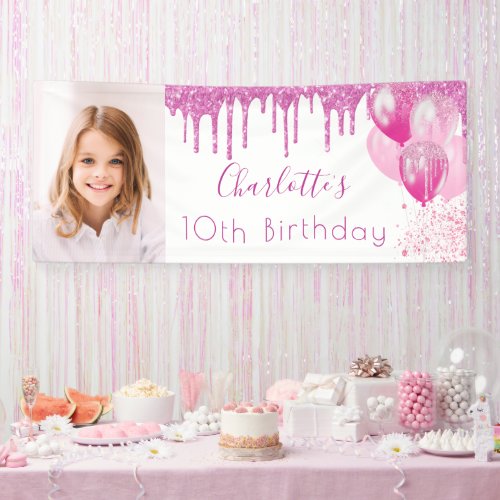 Birthday photo pink glitter white monogram girl banner