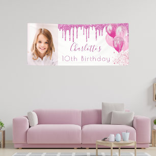 Birthday photo pink glitter white monogram girl banner