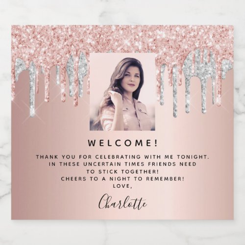 Birthday photo pink rose gold silver welcome sparkling wine label