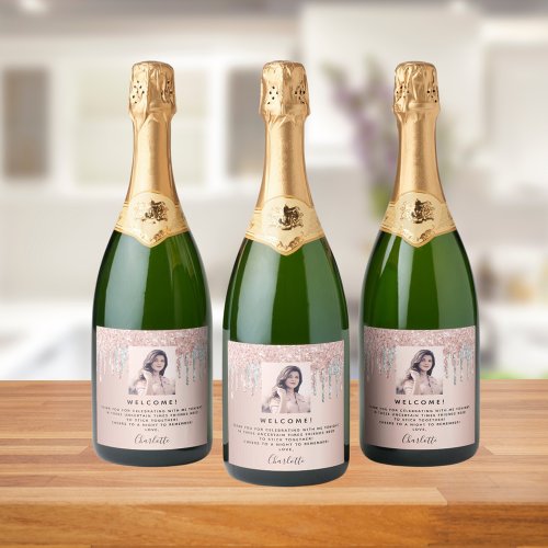 Birthday photo pink rose gold silver welcome sparkling wine label