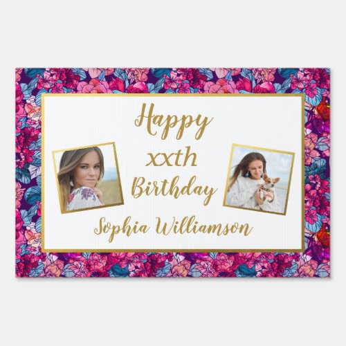 Birthday Photo Pretty Pink Blue Flowers Any Age Sign