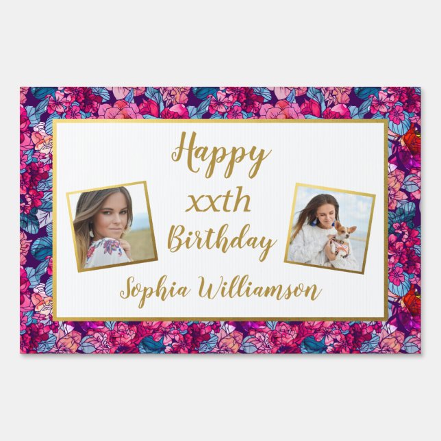 Birthday Photo, Pretty Pink Blue Flowers, Any Age Sign (Front)