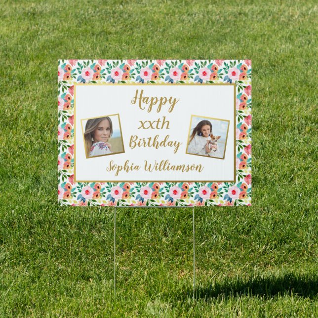 Birthday Photo, Pretty Watercolor Flowers, Any Age Sign (Insitu)