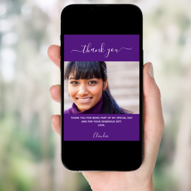 Birthday photo purple thank you card (Front Digital)