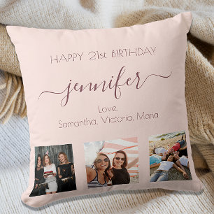 Birthday photo rose gold blush pink best friends throw pillow