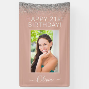 Birthday Photo Rose Gold Blush Pink Silver Glitter Banner
