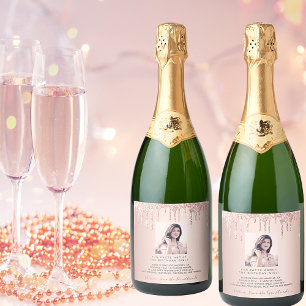 Birthday photo rose gold fun facts bio sparkling wine label