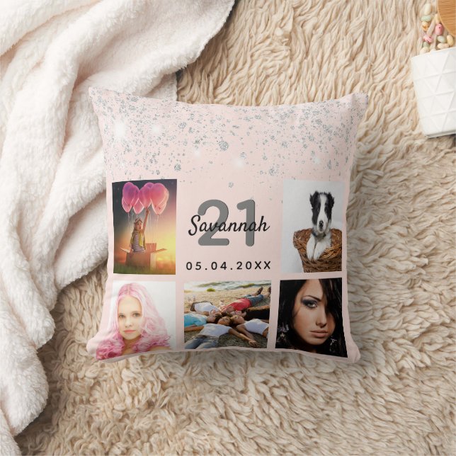 Birthday photo rose gold glitter blush pink silver throw pillow (Blanket)