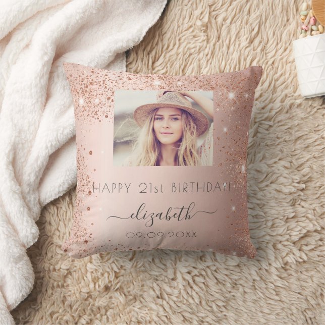 Birthday photo rose gold glitter dust name throw pillow (Blanket)