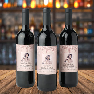 Birthday photo rose gold glitter fun facts bio wine label