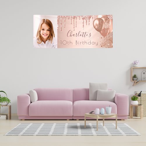 Birthday photo rose gold glitter monogram banner