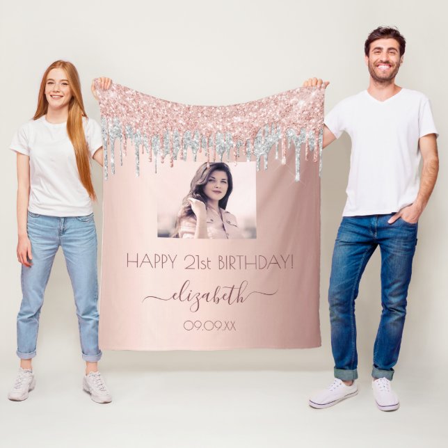 Birthday photo rose gold glitter pink silver glam fleece blanket (In Situ)