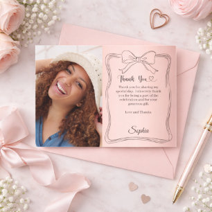 Birthday photo rose gold hand-written bow  thank you card