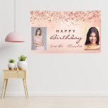 Birthday photo rose gold pink glitter friends  banner<br><div class="desc">A banner for a girly and glamorous birthday party for two girls, women. Sisters, twins, friends or family members. A rose gold and blush pink gradient background, glitter dust. Add your own 2 two photos of the birthday girls. Text: Happy Birthday. The word Birthday and the names are written with...</div>