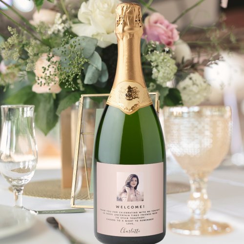 Birthday photo rose gold pink welcome favor sparkling wine label