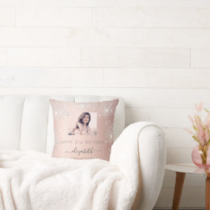 Birthday photo rose gold silver glitter dust name throw pillow