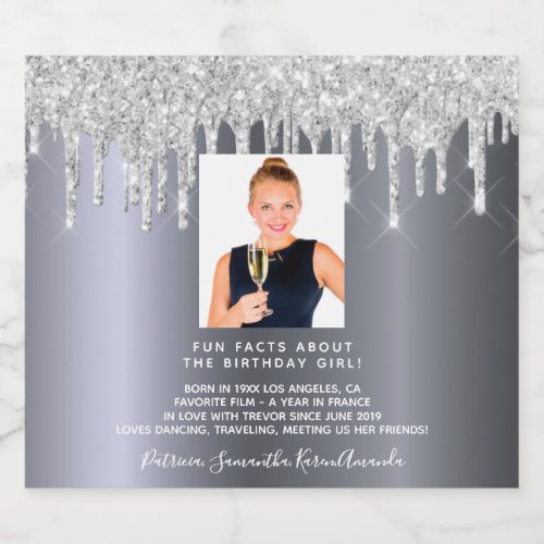 Birthday photo silver glitter fun facts bio glam sparkling wine label