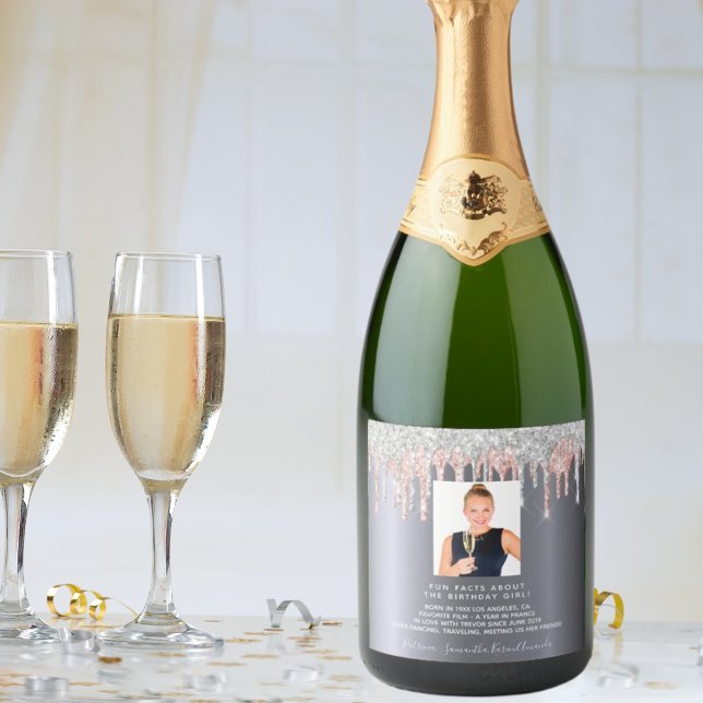 Birthday photo silver glitter pink fun facts bio sparkling wine label (Creator Uploaded)