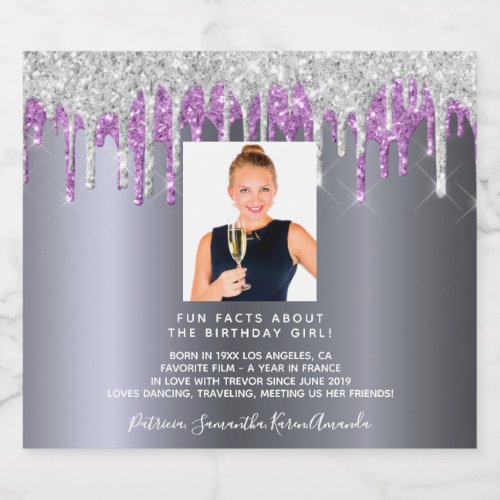 Birthday photo silver glitter purple fun facts bio sparkling wine label