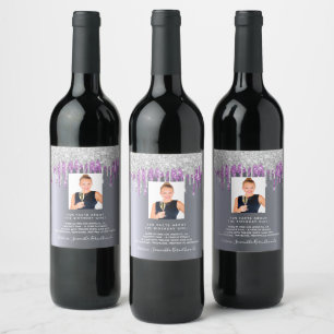 Birthday photo silver glitter purple fun facts bio wine label