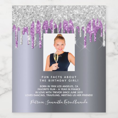 Birthday photo silver glitter purple fun facts bio wine label