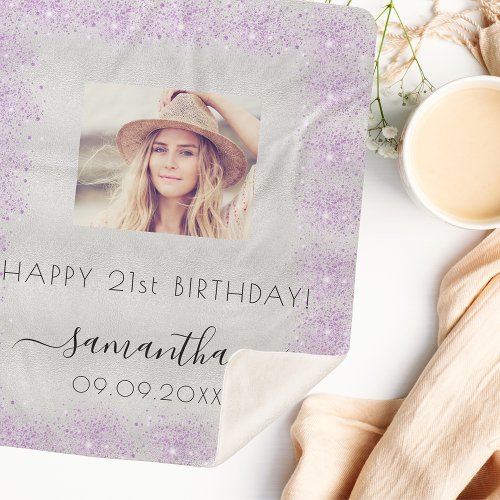 Birthday photo silver purple glitter monogram sherpa blanket