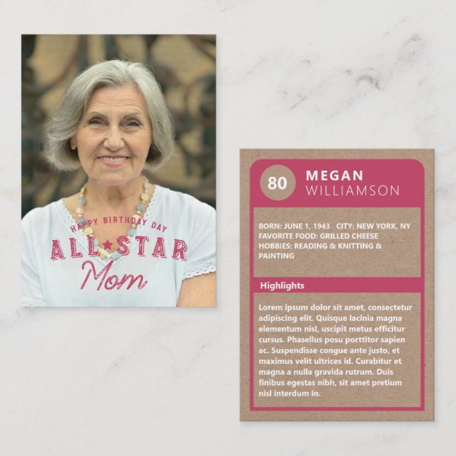 Birthday Photo & Stats All-Star Mom Baseball Card (Front/Back)