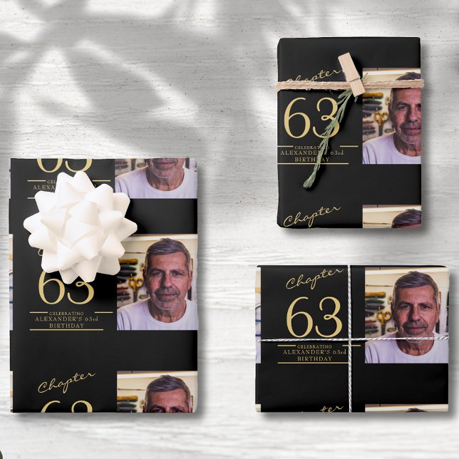 Birthday Photo Template Any Age Black Gold Wrapping Paper Sheets (Photo template birthday wrapping paper any age. Black and gold with script.)