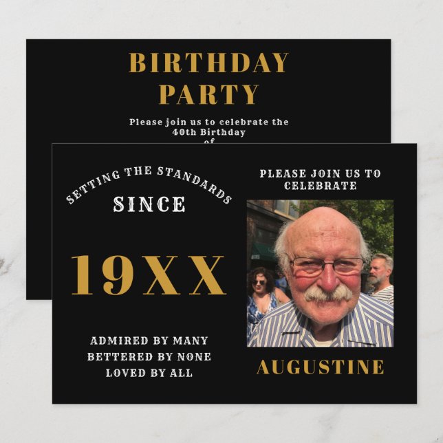 Birthday Photo Template Elegant Chic Black Gold (Front/Back)