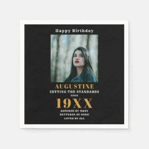 Birthday Photo Template Elegant Chic Gold Black Napkins