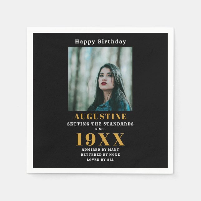 Birthday Photo Template Elegant Chic Gold Black Napkins (Front)