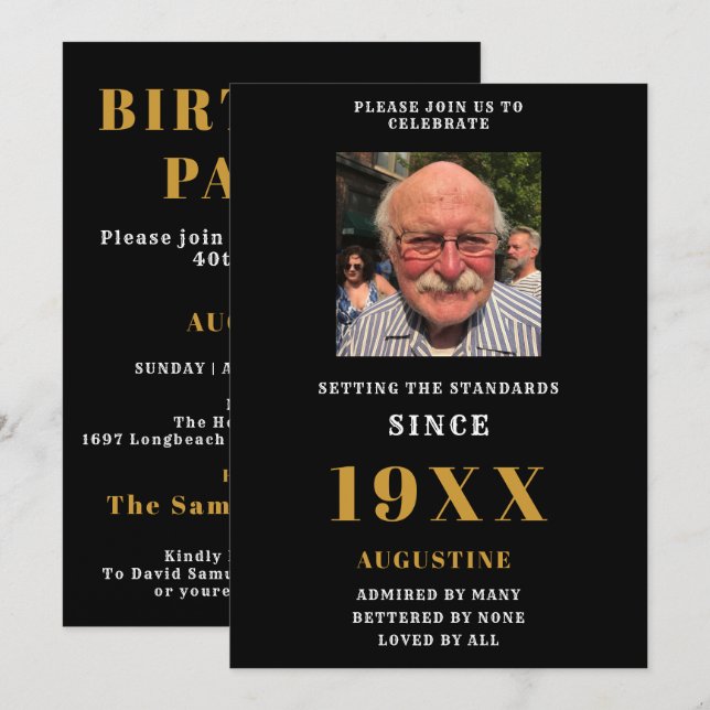 Birthday Photo Template Name Elegant Black Gold (Front/Back)