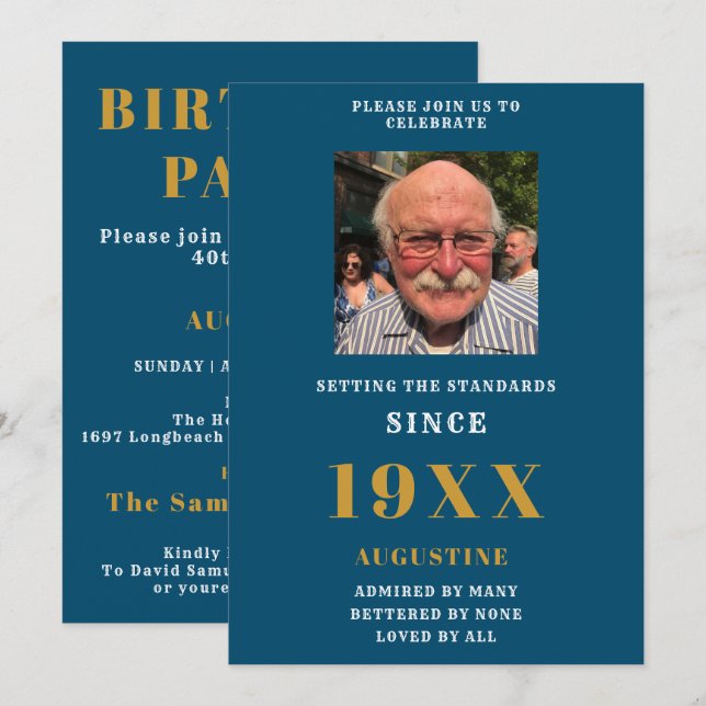 Birthday Photo Template Name Elegant Blue Gold (Front/Back)