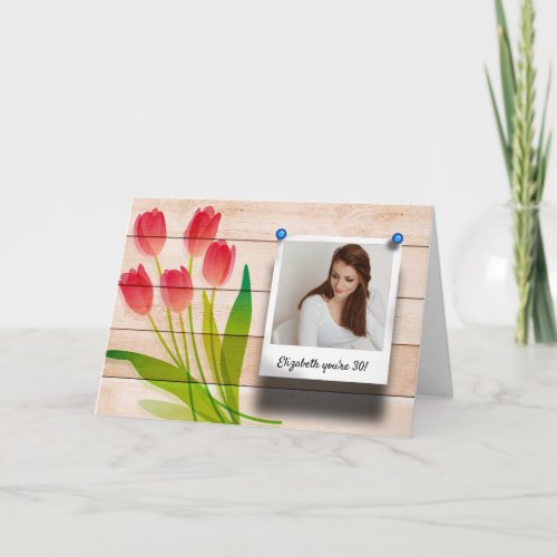Birthday Photo Template Rustic Pink Tulip Floral