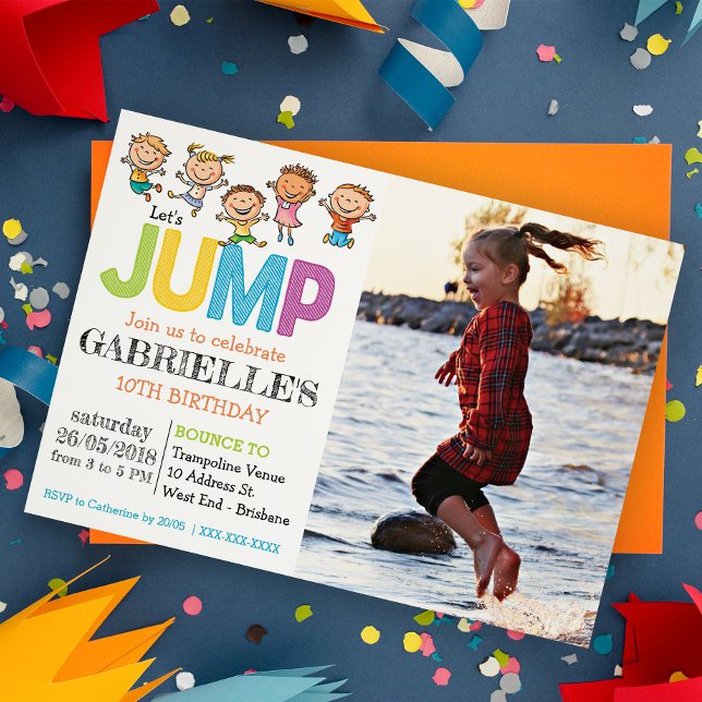 Birthday Photo Trampoline Party  Invitation (Jump into fun with our trampoline party! Bounce, laugh, and celebrate in the air!)