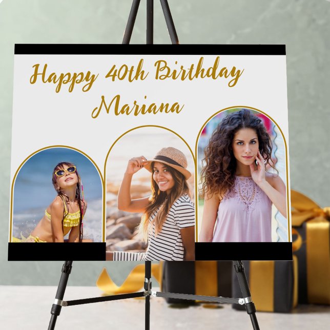 Birthday Photo Triple Arch Black and Gold Foam Board (Any Age Personalized Happy Birthday sign with 3 arch shaped photos)