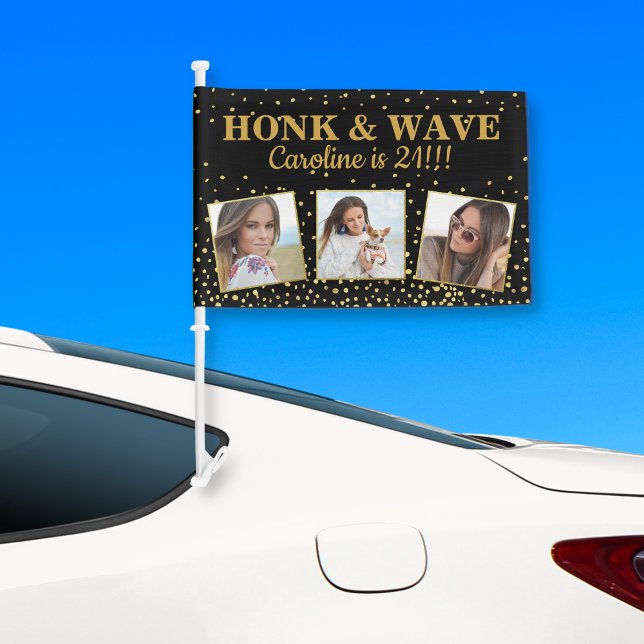 Birthday Photos Gold Glitter Sparkles Honk & Wave Car Flag (Creator Uploaded)