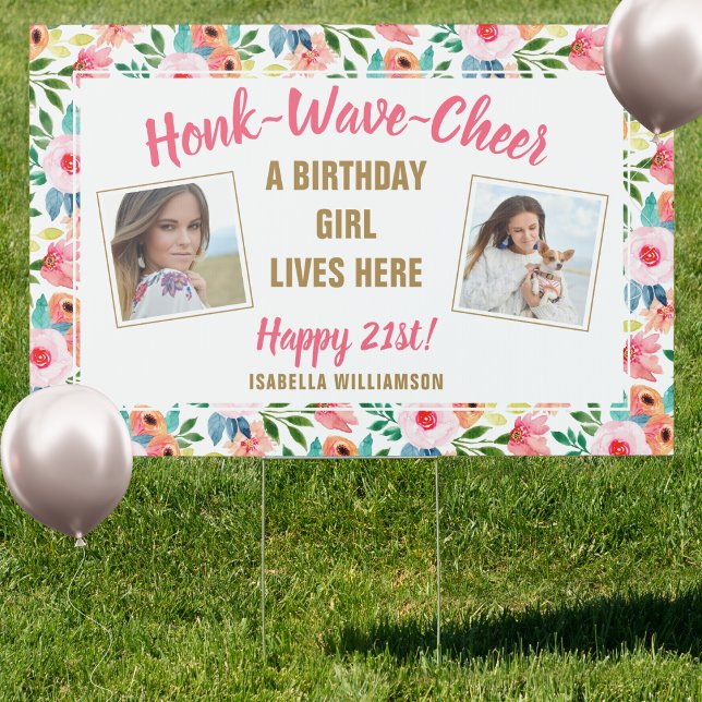 Birthday Photos Pretty Floral Pink Any Age Yard Sign (Creator Uploaded)
