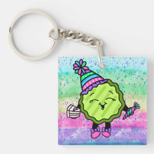 Birthday Pickle Pink and Purple Birthday Hat Keychain