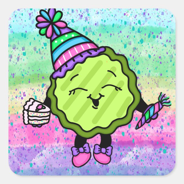 Birthday Pickle | Pink and Purple Birthday Hat Square Sticker (Front)
