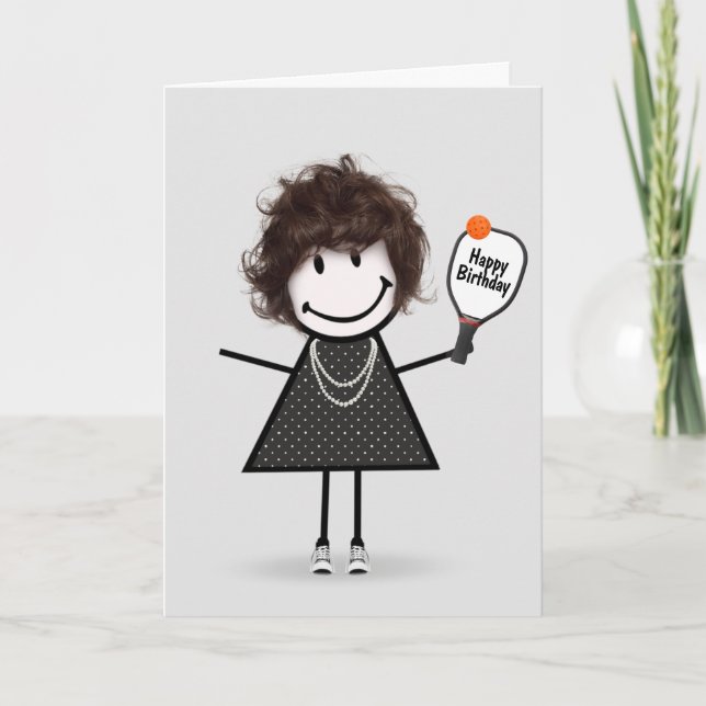 Birthday Pickleball Stick Figure Girl Card (Front)