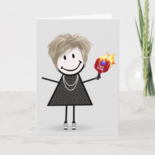 Birthday Pickleball Stick Figure Girl Card (Front)