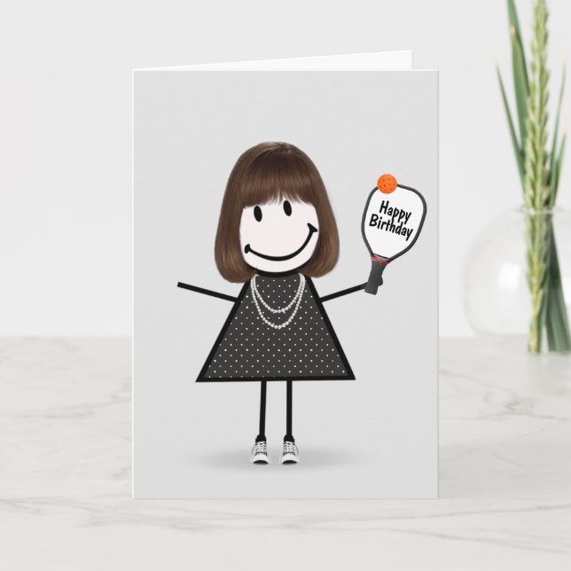Birthday Pickleball Stick Figure Girl Card (Front)