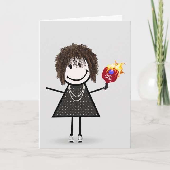 Birthday Pickleball Stick Figure Girl Card (Front)