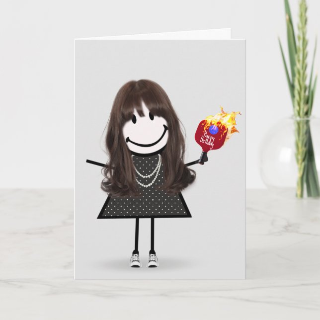Birthday Pickleball Stick Figure Girl Card (Front)