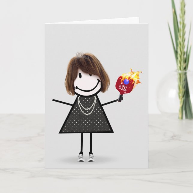 Birthday Pickleball Stick Figure Girl Card (Front)